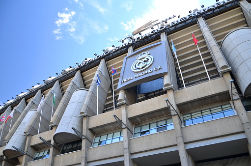 Madrid, Spain - August 25, 2012: Exterior of Santiago Bernabeu Stadium of Real Madrid in Madrid, Spain. Real Madrid C.F. was established in 1902. It is the best club of XX century according to FIFA.