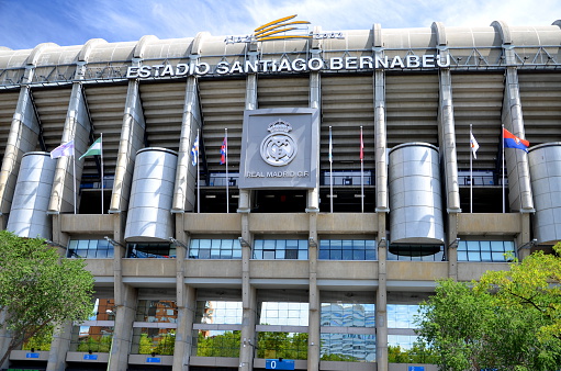 Madrid, Spain - August 25, 2012: Exterior of Santiago Bernabeu Stadium of Real Madrid in Madrid, Spain. Real Madrid C.F. was established in 1902. It is the best club of XX century according to FIFA.