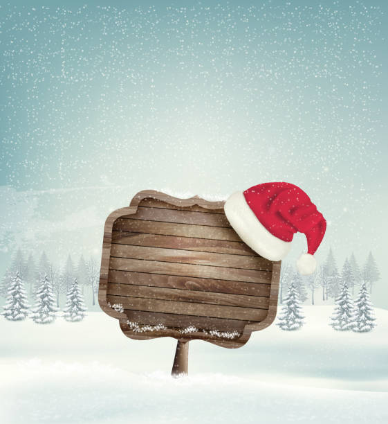 istock Winter christmas landscape with a wooden ornate sign 525863659