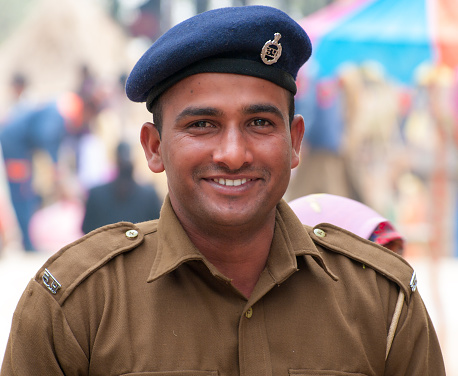 Delhi, India - February 4, 2012: Unidentified policeman at  e annual Surajkund Fair on the outskirts of Delhi in India