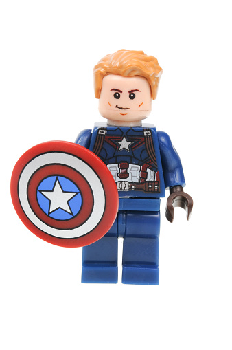 Adelaide, Australia - April 28, 2016:A studio shot of a Captain America Lego Minifigure from the Marvel universe. This particular mini figure is based on the movie Captain America Civil War. Lego is extremely popular worldwide with children and collectors.