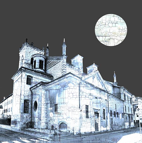 istock Gothic church architecture in blue with full moon grunge style 525875116