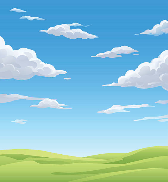 ilustraciones, imágenes clip art, dibujos animados e iconos de stock de prado verde bajo cielo nublado - cielo