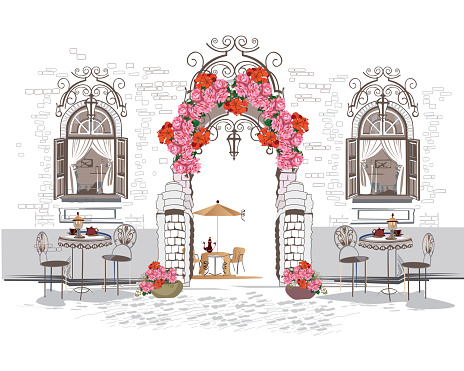 Background decorated with flowers, old town view and street cafe. Hand drawn Vector Illustration.