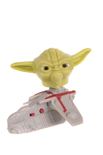 Adelaide, Australia - February 21, 2016:A studio shot of a Yoda 2008 Happy Meal Toy from the animated series Star Wars - The Clone Wars. Distributed with Mcdonalds Happy Meals in 2008 to promote the animated series.