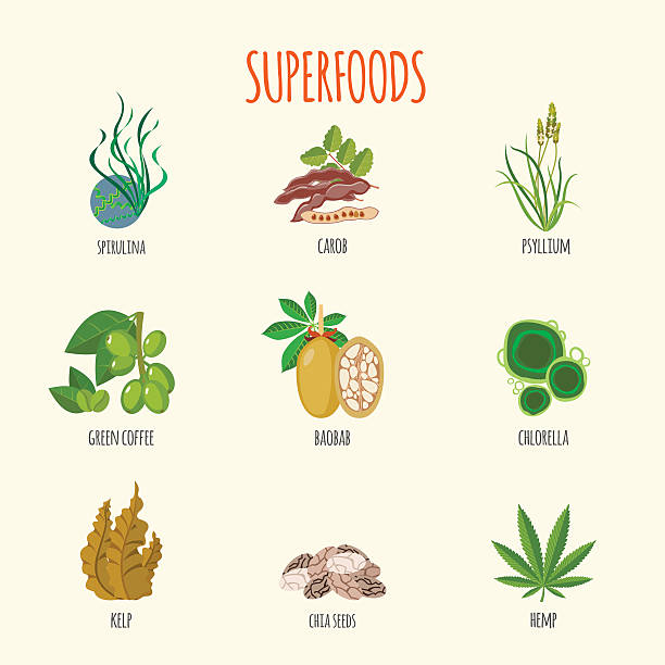Set of superfoods in flat style Set of superfoods in flat style. Healthy lifestyle. Fruits, vegetables, aglaes and herbs for health. Vector illustration baobab flower stock illustrations