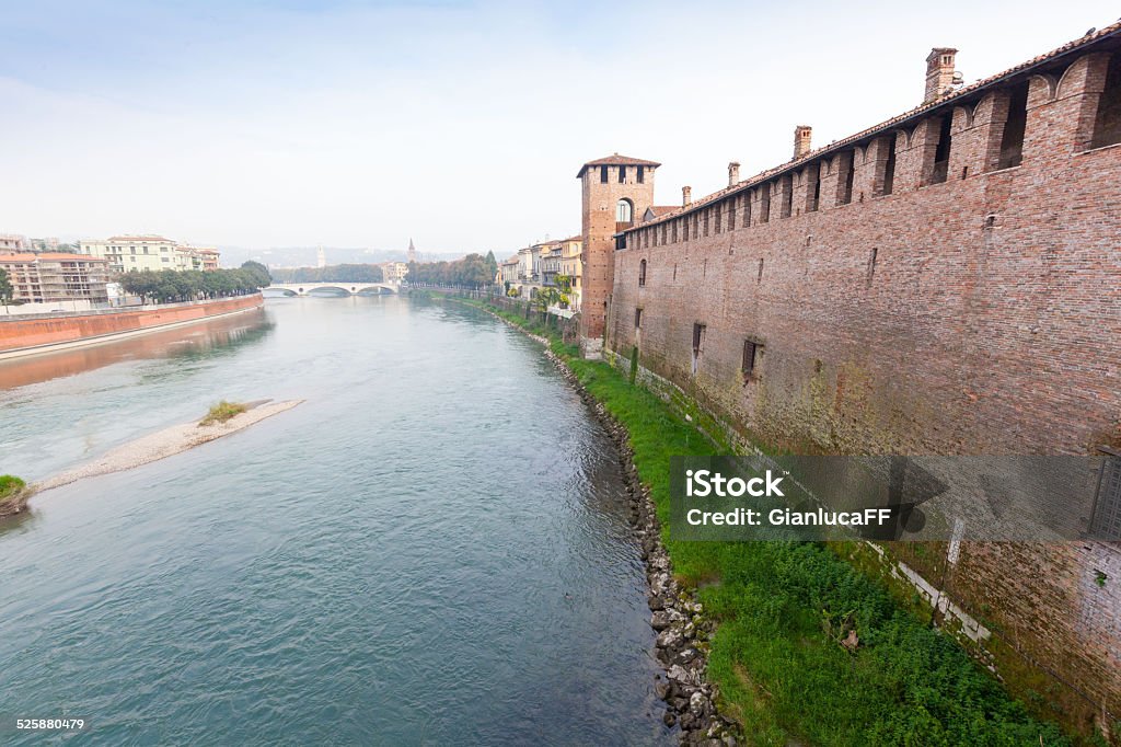 Verona, Italy,Adige River and medieval stone bridge Ponte Scaligero Adige River Stock Photo