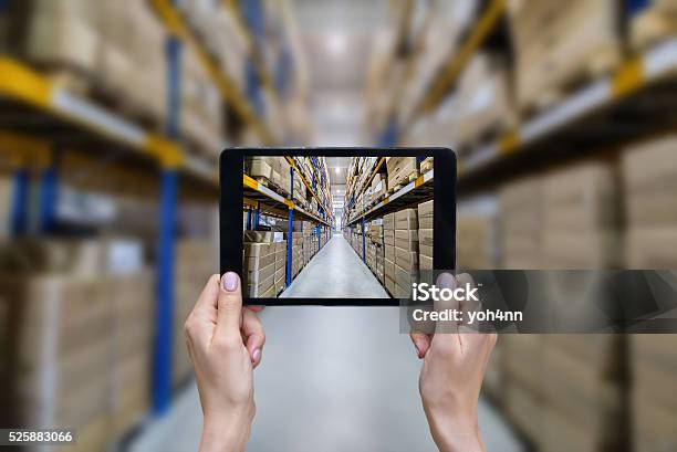 Ordering Online From Modern Warehouse Stock Photo - Download Image Now - Warehouse, Freight Transportation, E-commerce