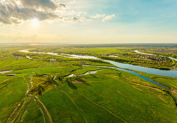 istock Beautiful sunset on the field. Aerial view. 525888918