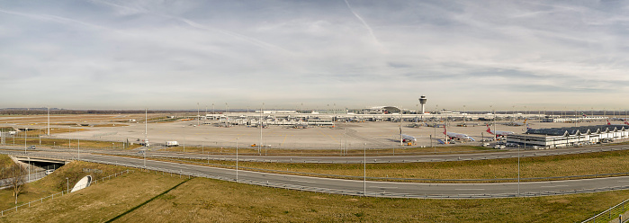 Munich, Germany - February 06, 2016: Munich Airport Panorama from the visitor hill in the MUC Visitor Park.
