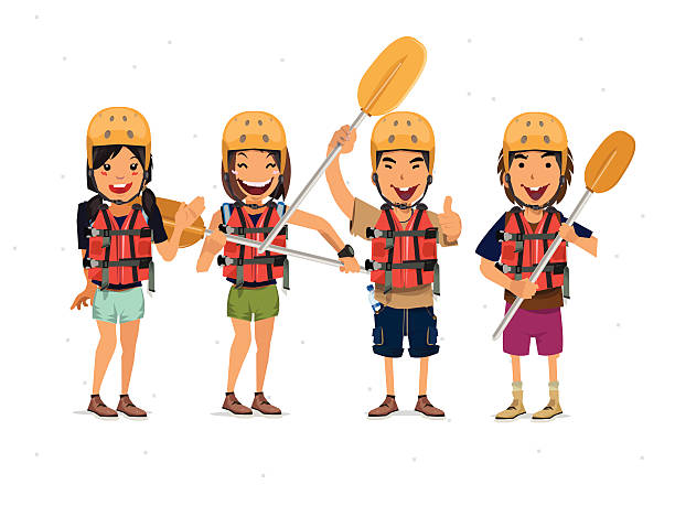 ilustraciones, imágenes clip art, dibujos animados e iconos de stock de rafting tourist-ilustración vectorial - sports team sport rowing teamwork rafting