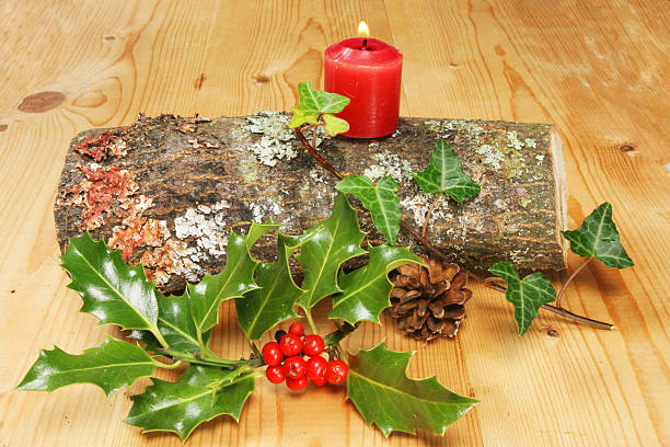 Yule log Yule log with lit candle holly and ivy ivy tree bark wood stock pictures, royalty-free photos & images