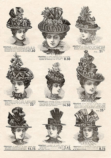 elegante hut für mode frau. zeitung vintage-mode - victorian style engraving engraved image photography stock-grafiken, -clipart, -cartoons und -symbole