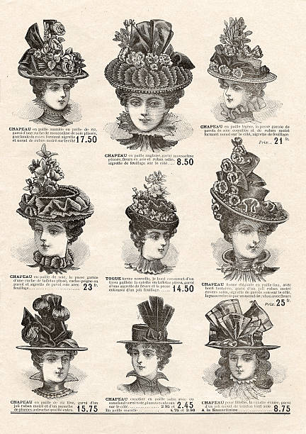 Elegant hat for fashion woman. Vintage mode newspaper Elegant hat for fashion woman. Vintage mode newspaper magazine page, antique engraving ca. 1897, France, Paris, my own property, private colection engraved image photos stock illustrations