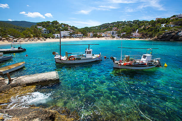 Ibiza Cala Vedella Vadella in San Jose at Balearics Ibiza Cala Vedella Vadella in San Jose at Balearic Islands of spain balearics stock pictures, royalty-free photos & images