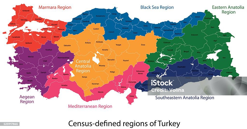 Turkey map Turkey map designed in illustration with regions colored in bright colors Map stock vector