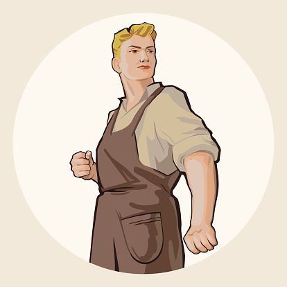 Determined young blond man in working clothes isolated on white background retro vector illustration