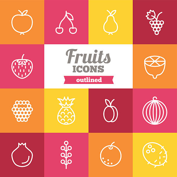 illustrazioni stock, clip art, cartoni animati e icone di tendenza di set di icone piatto frutta delineati - peach fruit portion orange