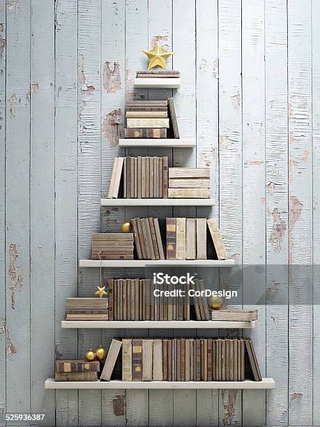 Bookshelf Shaped Christmas Tree Background Stock Photo - Download Image Now - Christmas Tree, Book, Christmas