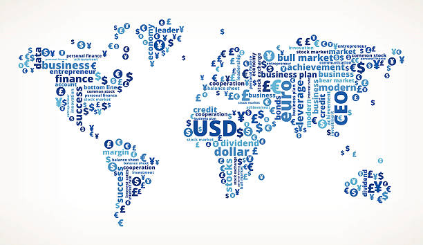 mapa świata na biznesie i finansach słowo cloud - investment finance frequency blue stock illustrations