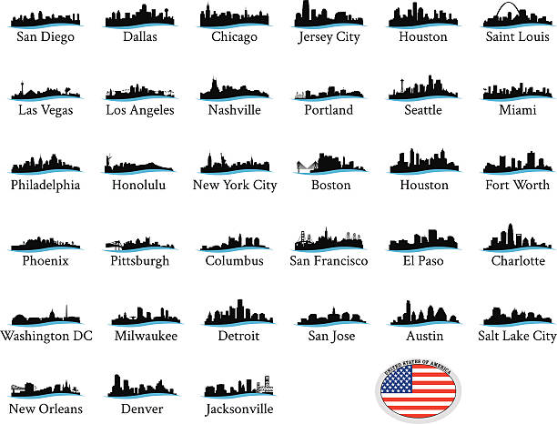 US Cityscape Graphics Series of US Cityscape Graphics with a little wavy line. st louis skyline stock illustrations