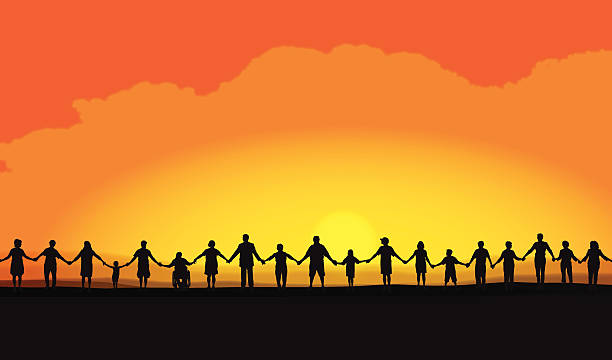 Teamwork, Holding Hands at Sunset Background Tight graphic silhouette background of a line of people holding hands with the word “Black.” Check out my “Holding Hands” light box for more. line of people holding hands stock illustrations