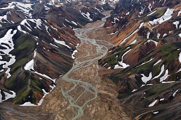 Aerial photography of the incredibly colorful Landmannalaugar mountains of Iceland.