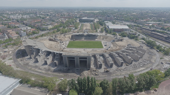 The New Puskás Ferenc Stadium set to be built in Budapest, Hungary where 50 thousand cubic metre concrete is waiting to be demolished. The old stadium, named originally Népstadion (\