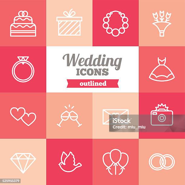 Set Of Flat Outlined Wedding Icons Stock Illustration - Download Image Now - Abstract, Alcohol - Drink, Balloon