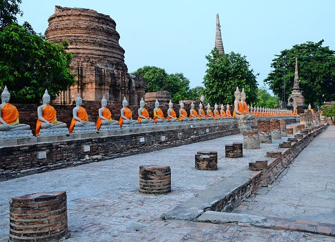 Buhhda statue in line up at Wat Chaimongkol, Ayuttaya Thailand.