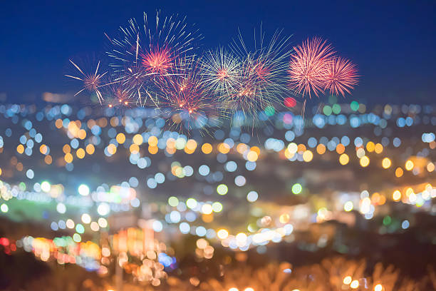 istock Defocused city night lights with fireworks background 525958076