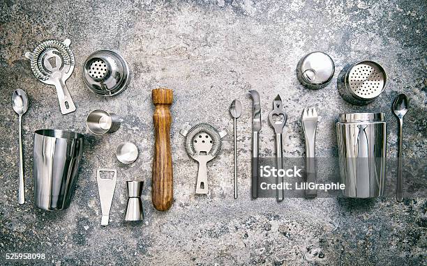 Bar Tools Making Cocktail Shaker Jigger Food Beverages Vintage Stock Photo - Download Image Now