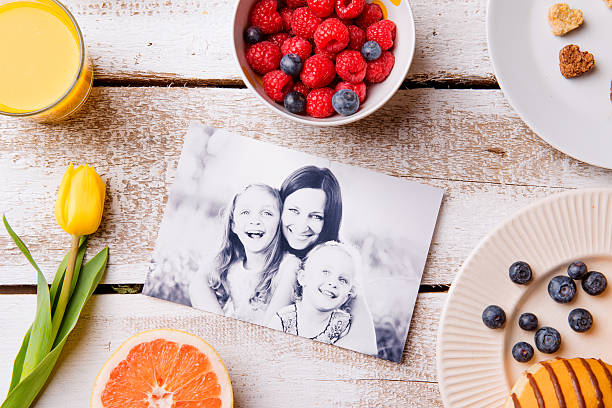 istock Mothers day composition. Black-and-white picture and breakfast m 525958508