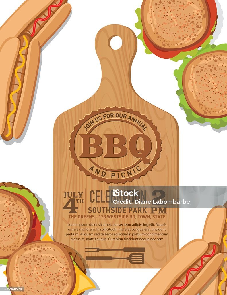 BBQ Picnic Flatlay Invitation Template BBQ Invitation template. Aerial view of a picnic bbq meal on white. There are hotdogs and hamburgers.  There is a plain cutting board with text about the event. Barbecue - Meal stock vector
