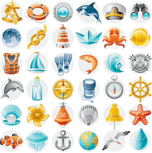 żeglarstwo zestaw ikon - life jacket buoy sign sky stock illustrations