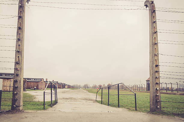 Oswiecim, Poland - April 3, 2015: The Auschwitz concentration camp is located about 50 km from Krakow. The picture shows the entrance through electrical fence that surrounds the camp Auschwitz II Birkenau