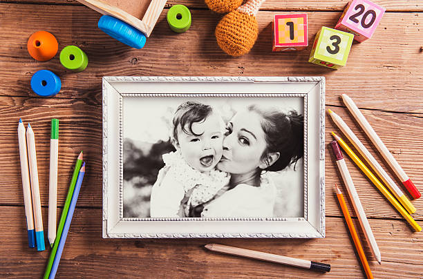 istock Mothers day composition. Black-and-white photo. Various toys. Wo 525964664