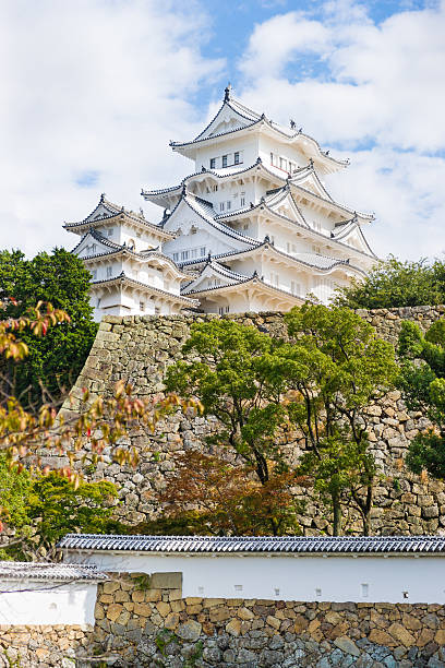 castillo de himeji de samurai con caída rojo leafs en japón - retaining wall fortified wall surrounding wall stone wall fotografías e imágenes de stock
