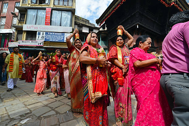 Kathmandu, Nepal - October 11, 2013: Crowd of Hindu people celebrating the first day of the Dasain festival on the streets of Kathmandu