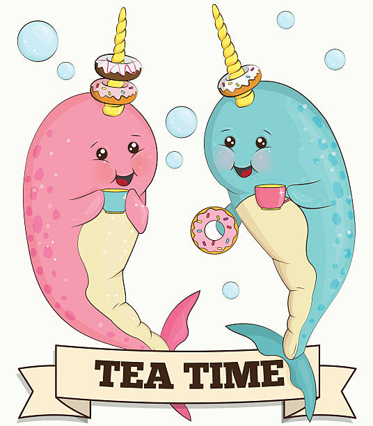 illustrazioni stock, clip art, cartoni animati e icone di tendenza di due graziosa narvalo animali bere tè con ciambelle - meal whale mammal animal