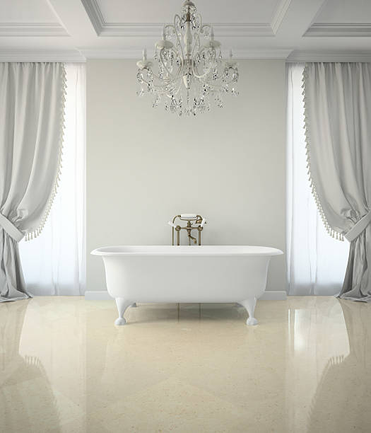 istock Interior of classic bathroom with chandelier 3D rendering 525968373