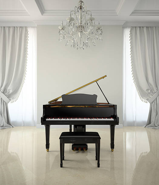 istock Room in classic style with piano and chandlier 3D rendering 525968379