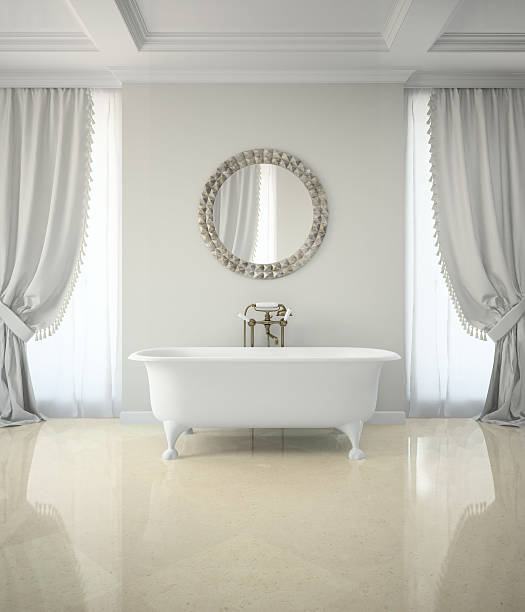 istock Interior of classic bathroom with curtains round mirror 3D rende 525968387