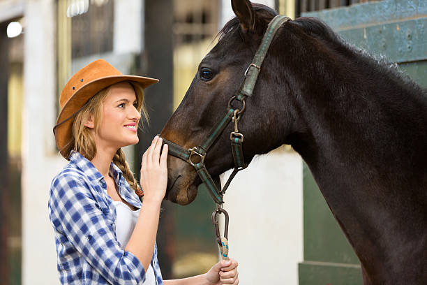 istock cowgirl and horse inside stable 525968433