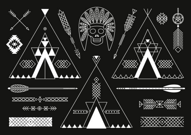 ilustrações de stock, clip art, desenhos animados e ícones de coleção de índio americano tribal estilizadas elementos de design. - native american north american tribal culture symbol dreamcatcher