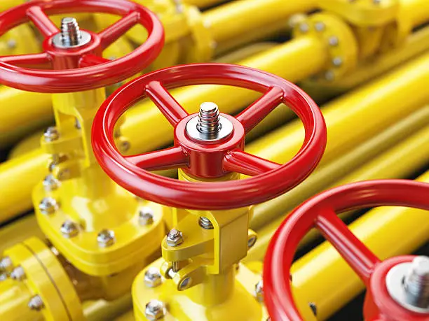 Yellow oil or gas pipe line valves. 3d illustration