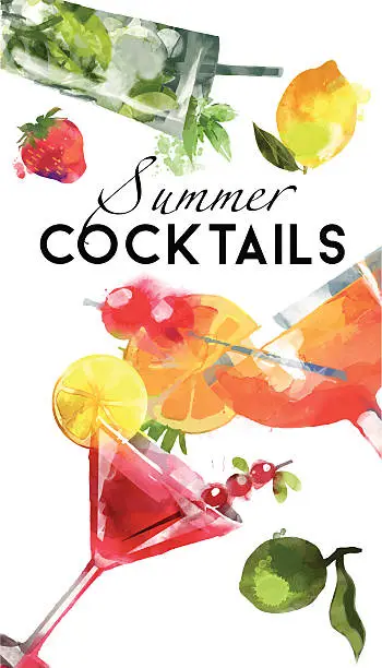 Vector illustration of Watercolor coctail flyer sex on the beach mojito cosmopolitan