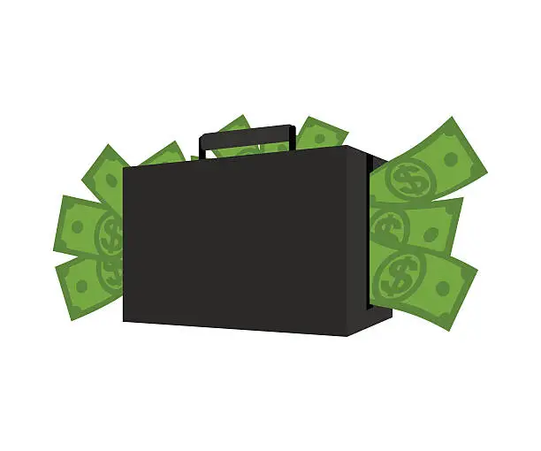 Vector illustration of Case with money. Suitcase full of dollars. Cash his bag
