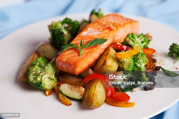 Salmon Fillet With Vegetables And Basil Stock Photo - Download Image Now - Baked, Basil, Bell Pepper