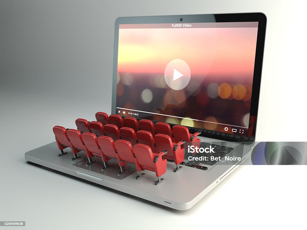 Video player app or home cinema concept. Laptop and seats Video player app  or home cinema concept. Laptop and rows of cinema seats, 3d illustration Home Video Camera Stock Photo